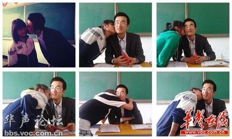 男子面露微笑，正接受学生亲吻。图片来源于网络。